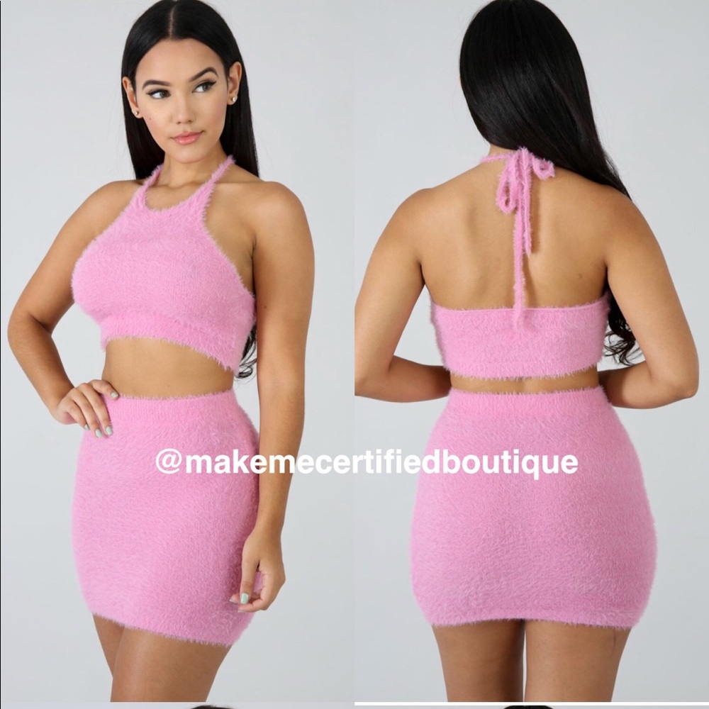 Plush Pink Fur Skirt Set